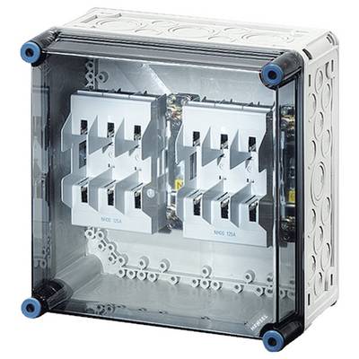 Elektrischer Sicherungskasten mit transparentem Gehäuse, zeigt nebeneinander angeordnete Sicherungsschalter, geeignet für Innenräume.