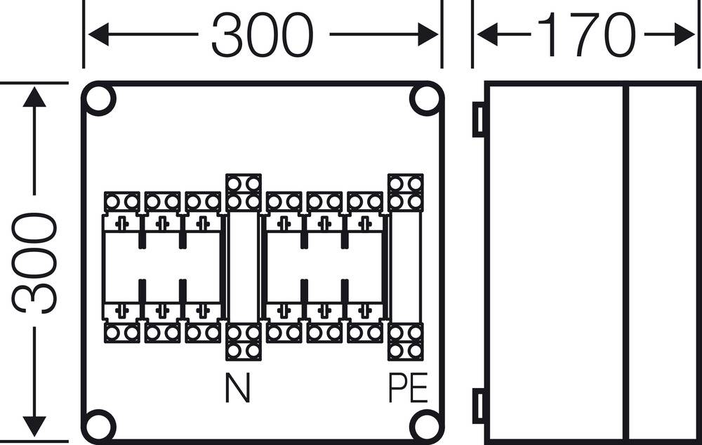 Technische Zeichnung eines elektrischen Verteilers. Maße: 300 x 300 mm in der Frontansicht, 170 mm in der Seitenansicht. Markierungen 'N' und 'PE'.