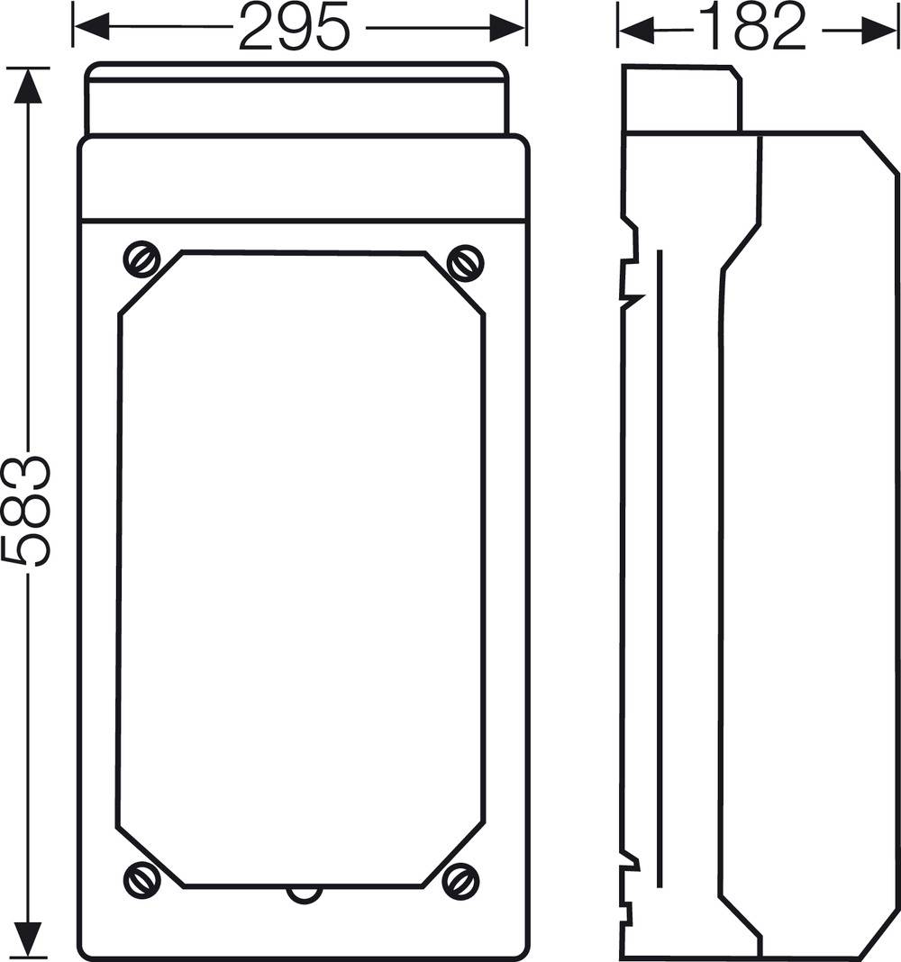 Technische Zeichnung eines rechteckigen Bauteils mit den Maßen 295 mm Breite, 182 mm Tiefe, 583 mm Höhe, Seiten- und Frontalansicht.