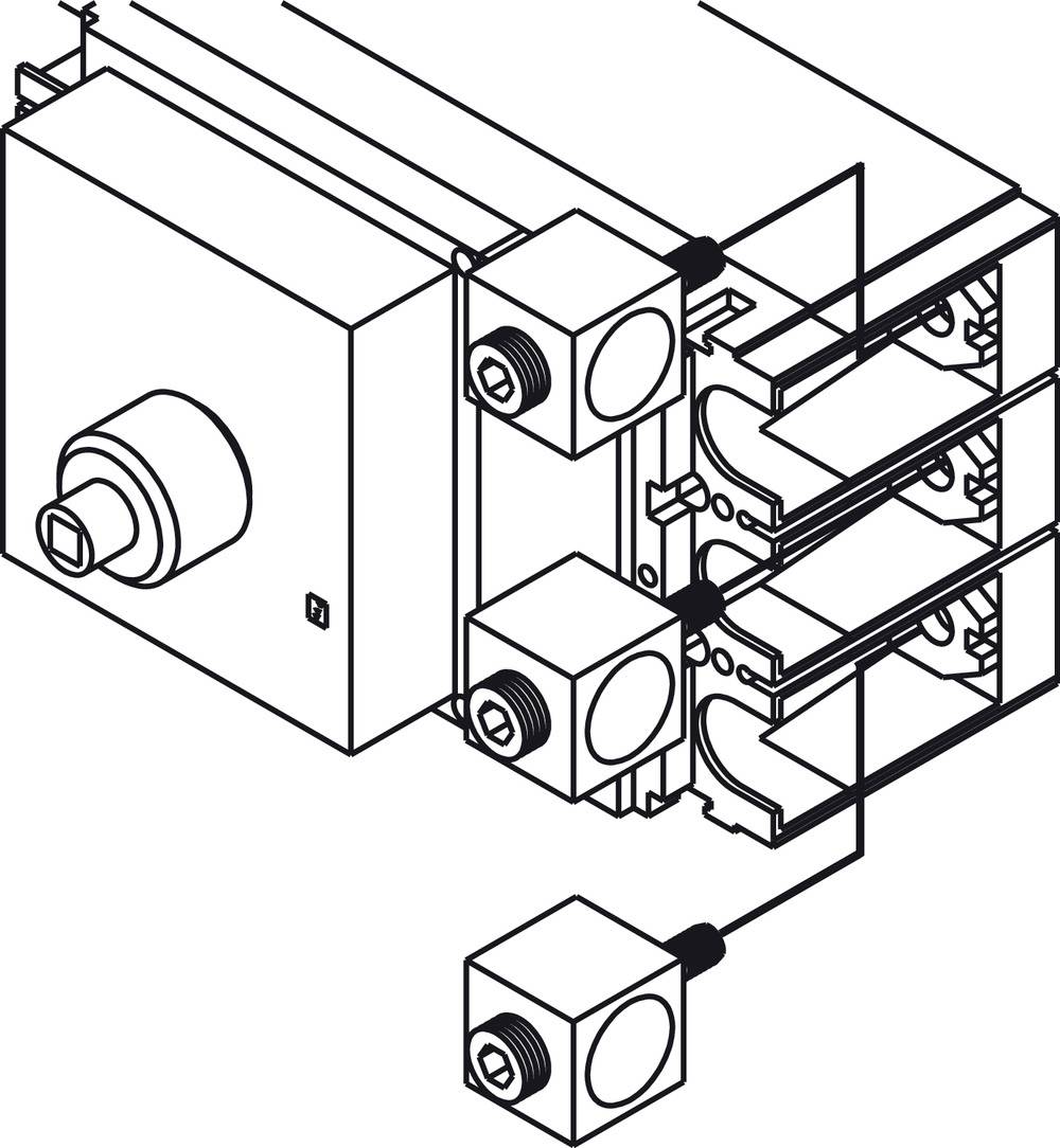 Technische Zeichnung eines mechanischen Geräts mit mehreren Würfelmodulen, die über Linien verbunden sind. Es zeigt Komponentenspeicherorte.