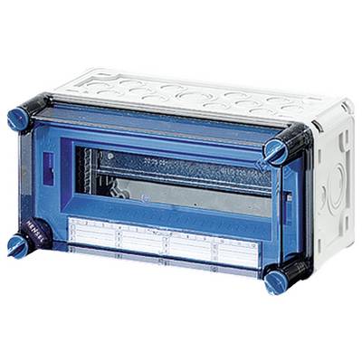 Ein rechteckiges, blaues Kunststoffgehäuse mit transparentem Klappdeckel und vorgebohrten Öffnungen. Es ist für elektrische Installationen gedacht.