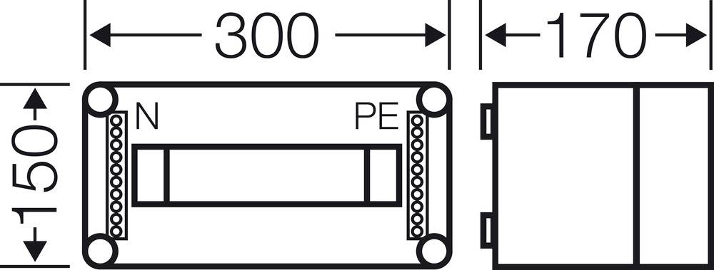 Technische Zeichnung eines elektrischen Bauteils. Maße: 300 mm x 150 mm x 170 mm, Anschlüsse N und PE markiert.