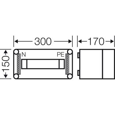 Technische Zeichnung eines elektrischen Bauteils. Maße: 300 mm x 150 mm x 170 mm, Anschlüsse N und PE markiert.