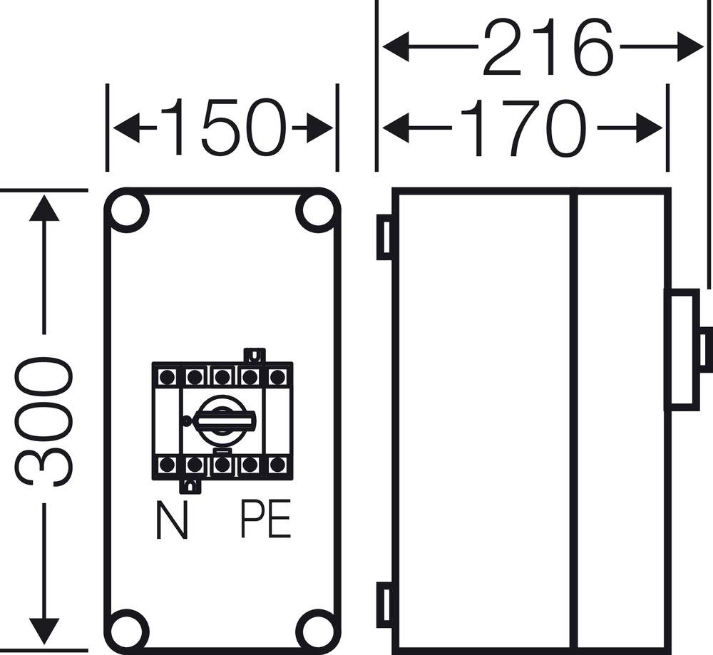 Technische Zeichnung eines elektrischen Verteilers: Maße 300x150mm, seitliche Breite 216mm, Anschlusskennzeichnungen 'N' und 'PE'.