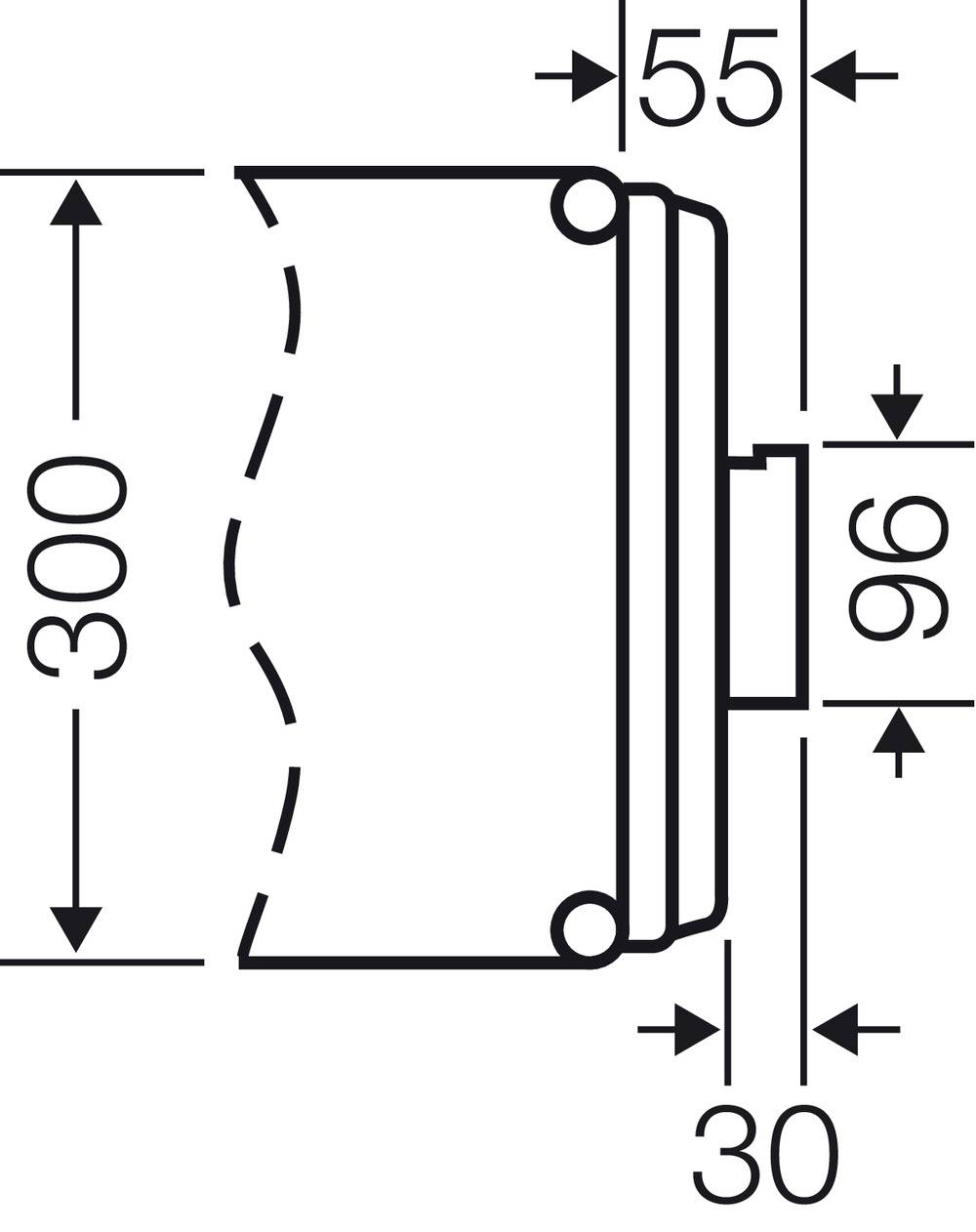 Technische Zeichnung zeigt eine zylindrische Form mit Maßen: Durchmesser 300 mm, Höhe 55 mm, Ausladung 96 mm und 30 mm.