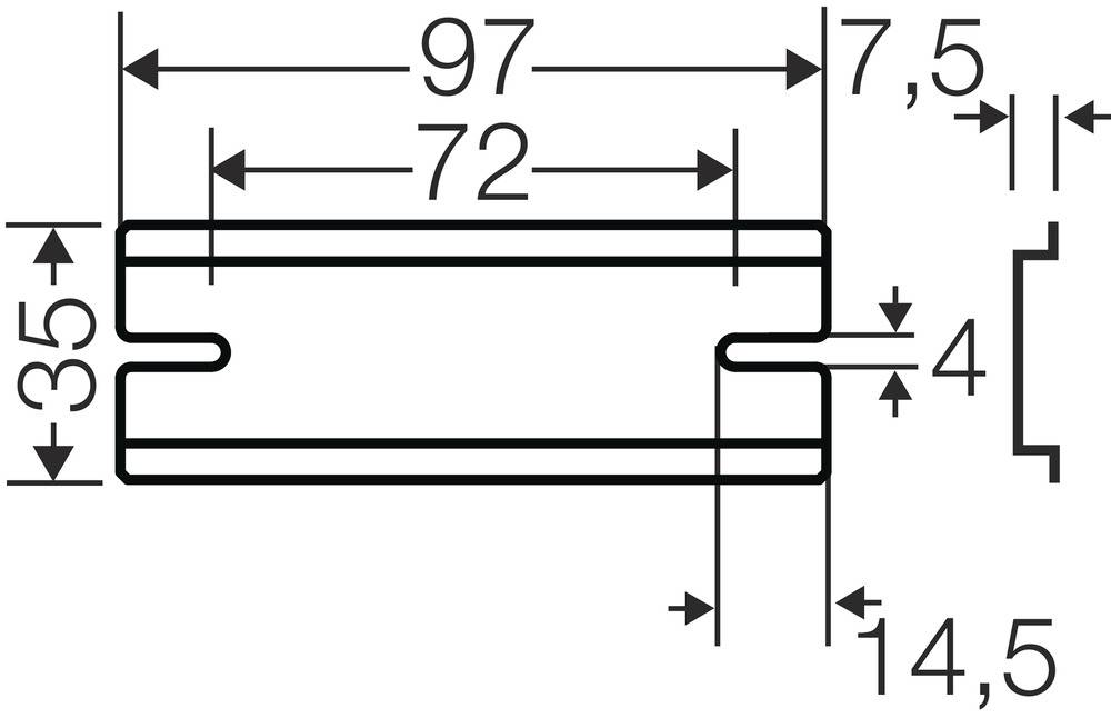 Technische Zeichnung eines Bauteils mit Maßen: Breite 97 mm, Höhe 35 mm, weitere Maße 7,5 mm, 4 mm, 72 mm, 14,5 mm.