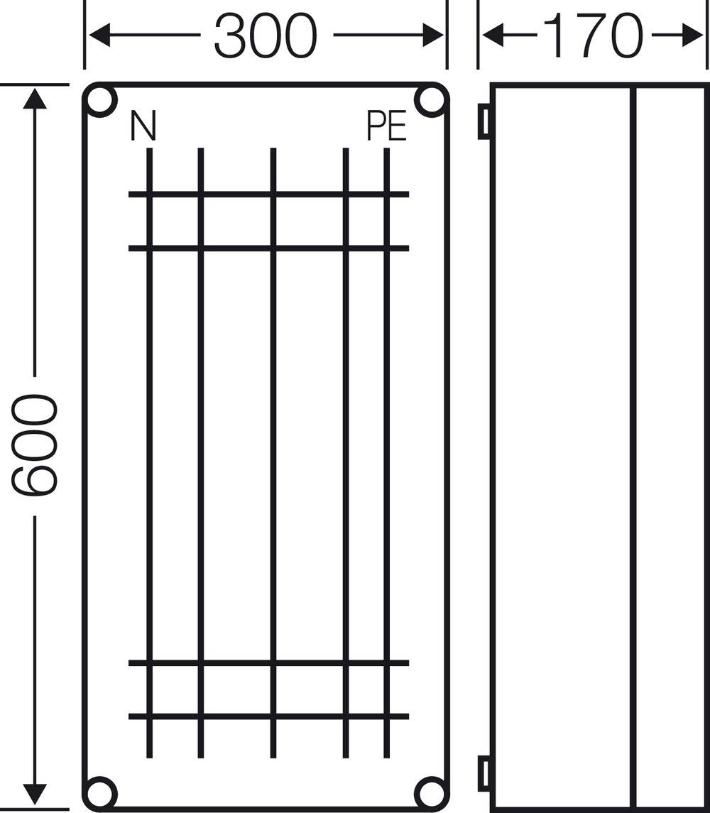 Diagramm einer elektrischen Anschlussbox mit den Maßen 600 x 300 x 170 mm, gekennzeichnet mit 'N' und 'PE' für die elektrischen Anschlüsse.