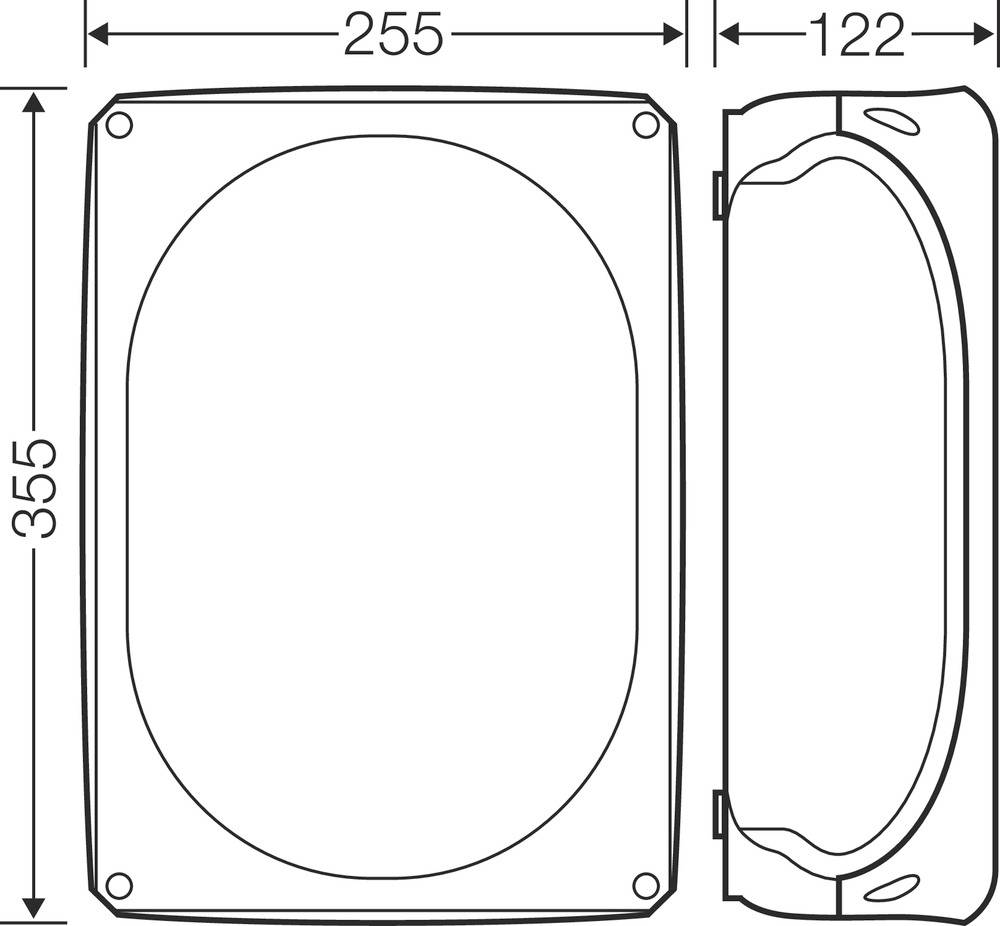 Technische Zeichnung eines rechteckigen Behälters mit Griff. Maße: 255 mm Breite, 355 mm Höhe, 122 mm Tiefe.
