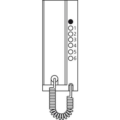 Diagramm einer vertikalen Schiene mit einem federbelasteten Mechanismus unten; daneben sechs nummerierte Kreise, der erste Kreis ist ausgefüllt.