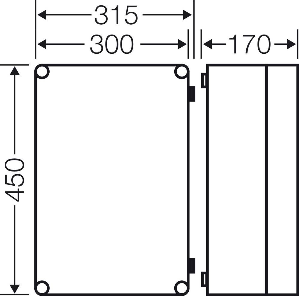 'Technische Zeichnung eines rechteckigen Kastens mit den Maßen: Breite 315 mm, Tiefe 170 mm, Höhe 450 mm.'