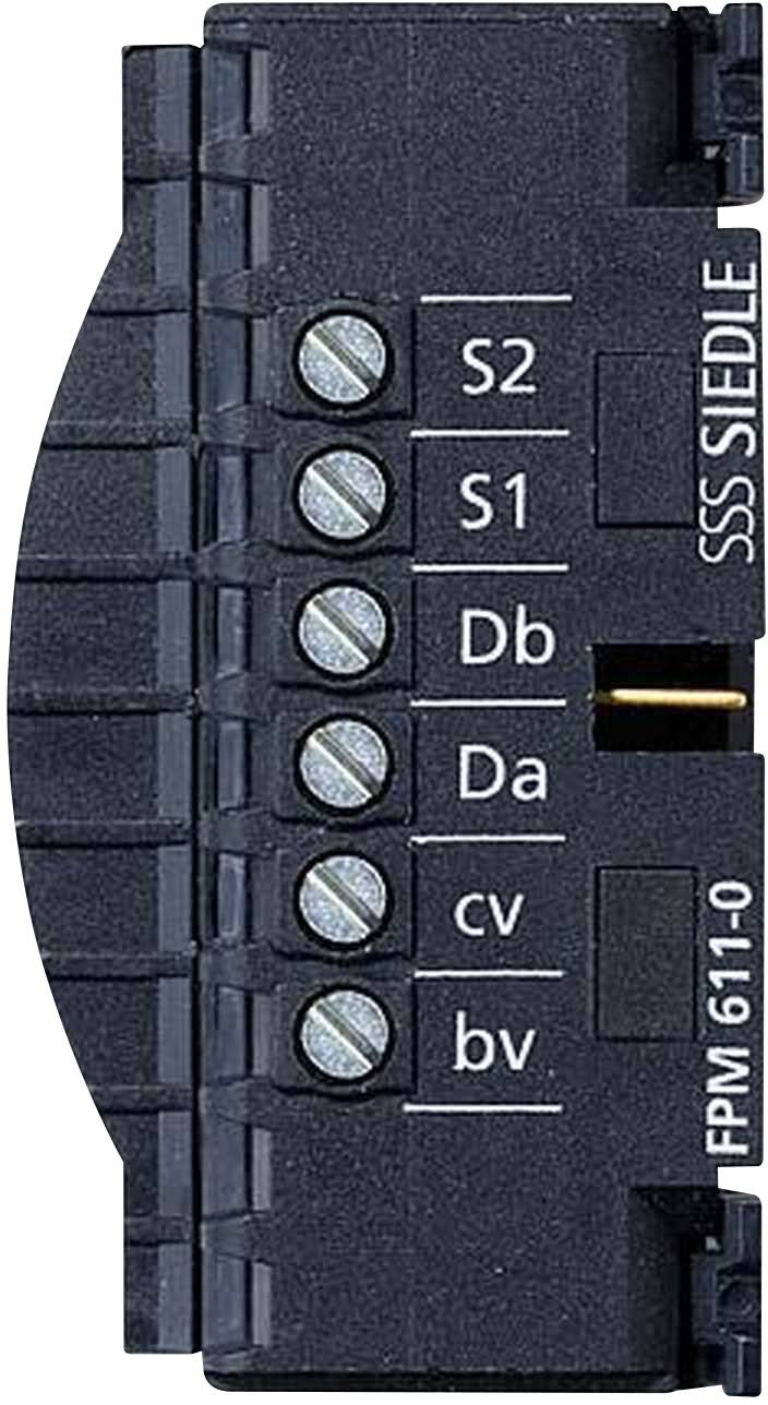 Schwarzes elektrisches Modul mit der Beschriftung 'SSS Siedle', Verbindungsanschlüssen und gekennzeichneten Klemmen: S2, S1, Db, Da, cv, bv.