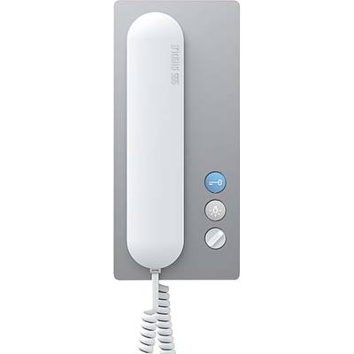 Graues Wandtelefon mit Hörer und drei Tasten für Anrufannahme, Stummschaltung und Lautstärkeregelung.