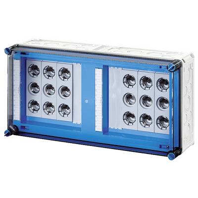 Elektrischer Installationsverteilerkasten mit blauer und grauer Abdeckung, mehreren Montagelöchern für Kabelanschlüsse.