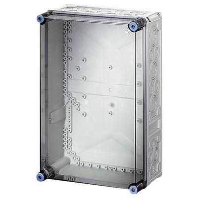 Kunststoff-Gehäuse mit transparentem Deckel und blauen Schrauben in den Ecken. Enthält Schlitze und Löcher für Kabeldurchführungen.