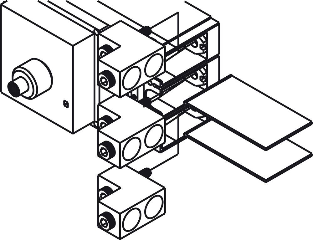 Schematische Darstellung eines mechanischen Geräts mit mehreren beweglichen Armen und Platten. Es scheint Teil einer industriellen Maschine zu sein.