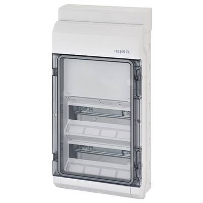 Weiße elektrische Sicherungsbox an der Wand montiert, mit transparentem Deckel und zwei sichtbaren Sicherungshalterungen im Inneren.