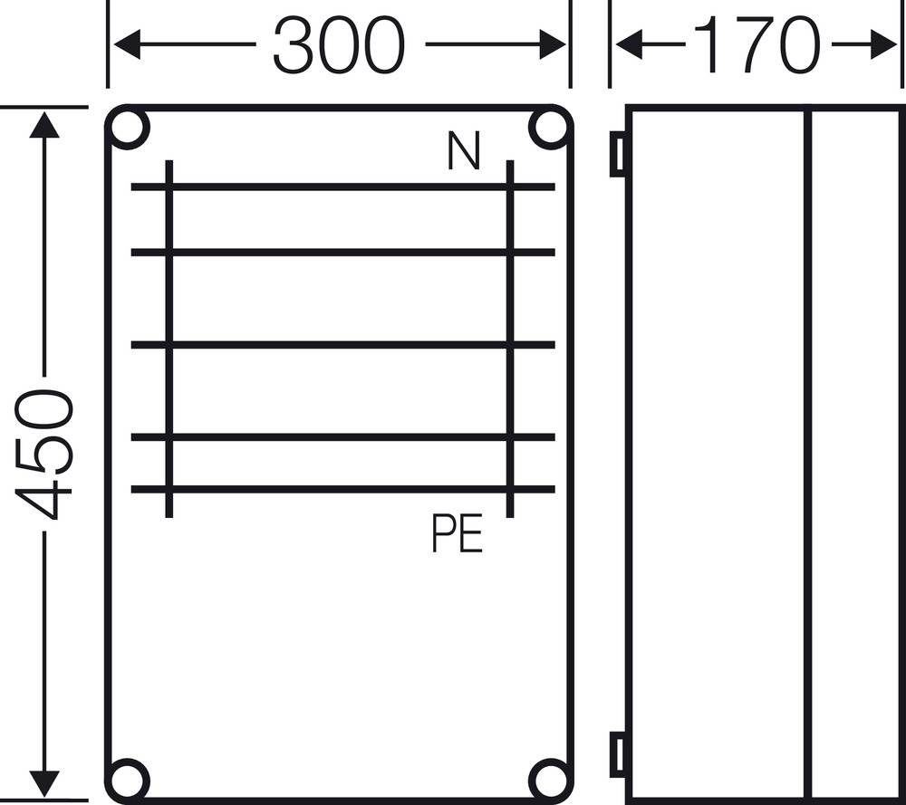 Eine technische Zeichnung eines rechteckigen Gehäuses mit den Maßen 450 mm x 300 mm x 170 mm und markierten Positionen für N und PE.