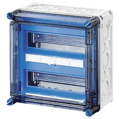 Ein blauer, transparenter Sicherungskasten mit mehreren Fächern und Aufklebern.