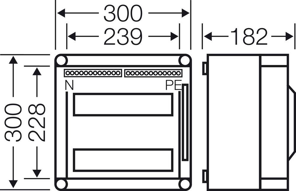 Technische Zeichnung eines rechteckigen Bauteils mit klar markierten Maßen: 300 x 239 x 182 mm. Frontal- und Seitenansicht.