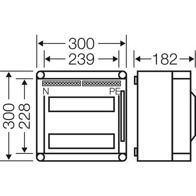 Technische Zeichnung eines rechteckigen Bauteils mit klar markierten Maßen: 300 x 239 x 182 mm. Frontal- und Seitenansicht.