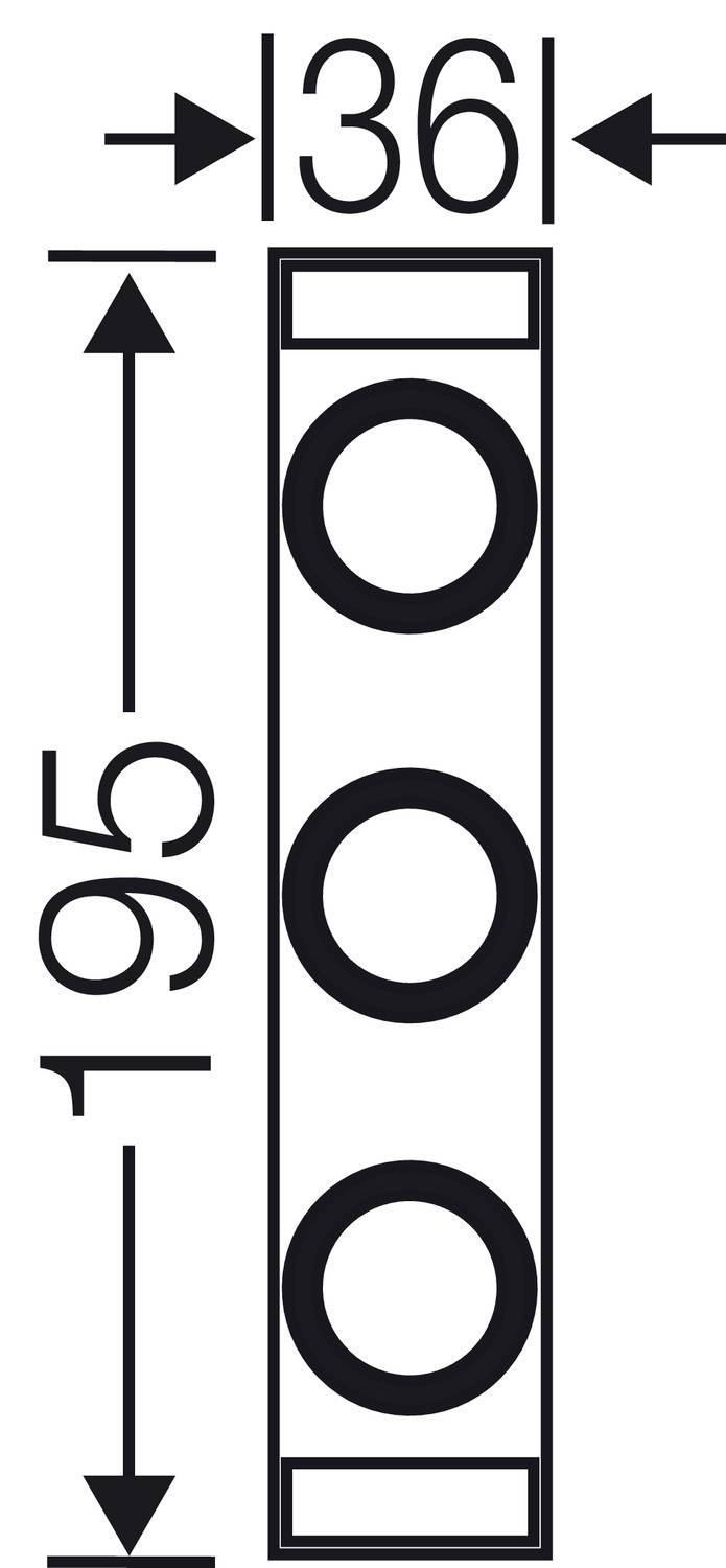 Technische Zeichnung einer vertikalen Leiste mit drei kreisförmigen Ausschnitten. Maße: Höhe 195 mm, Breite 36 mm.