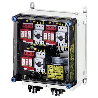 Elektrischer Verteilerkasten mit mehreren Sicherungen und Hinweis zum Schutz vor Lichtbogengefahr.