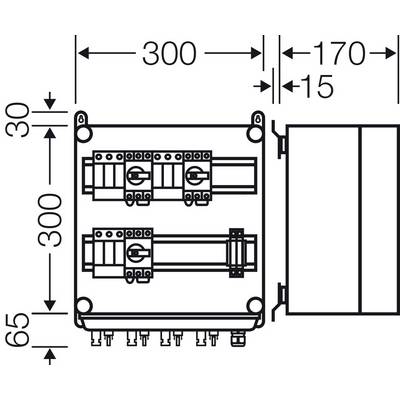 Strichzeichnung eines elektrischen Schaltschranklayouts mit Maßangaben in Millimetern: Breite 300 mm, Höhe 300 mm, Tiefe 65 mm.