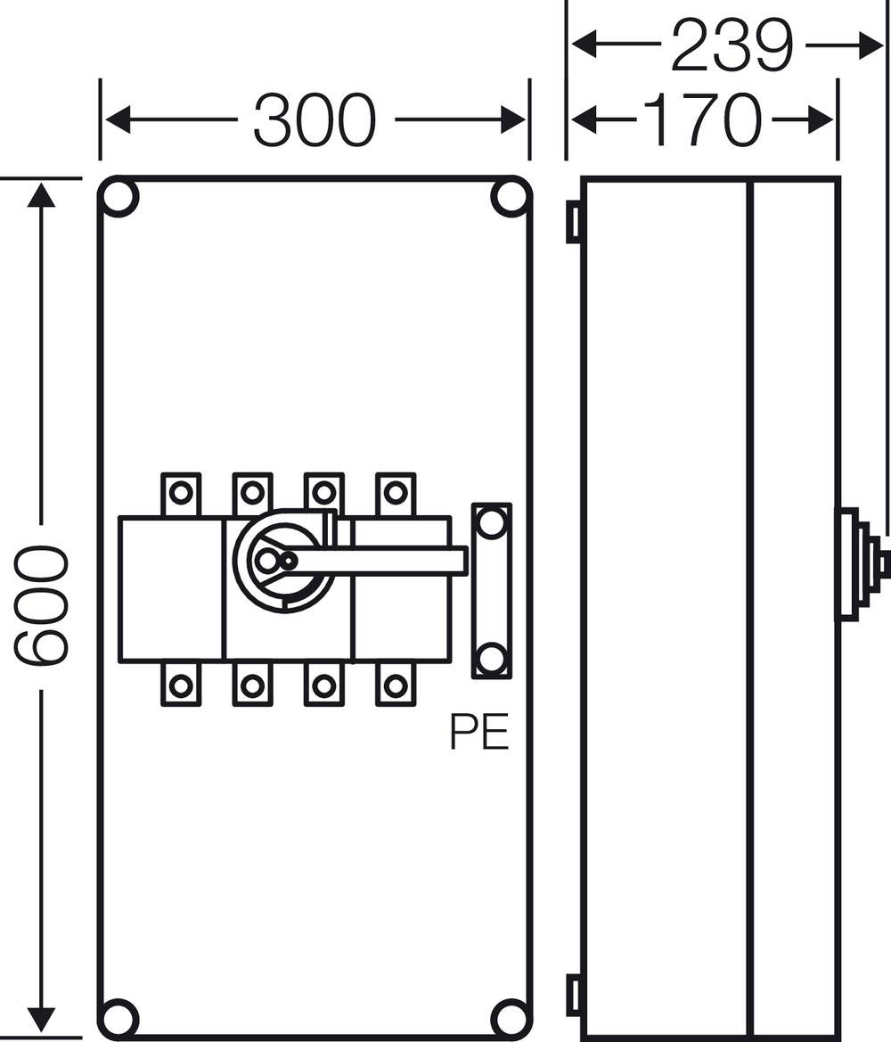 Technische Zeichnung eines elektrischen Schaltschranks mit Maßen: 600 mm hoch, 300 mm breit, 239 mm tief; enthält Schaltmechanismus.