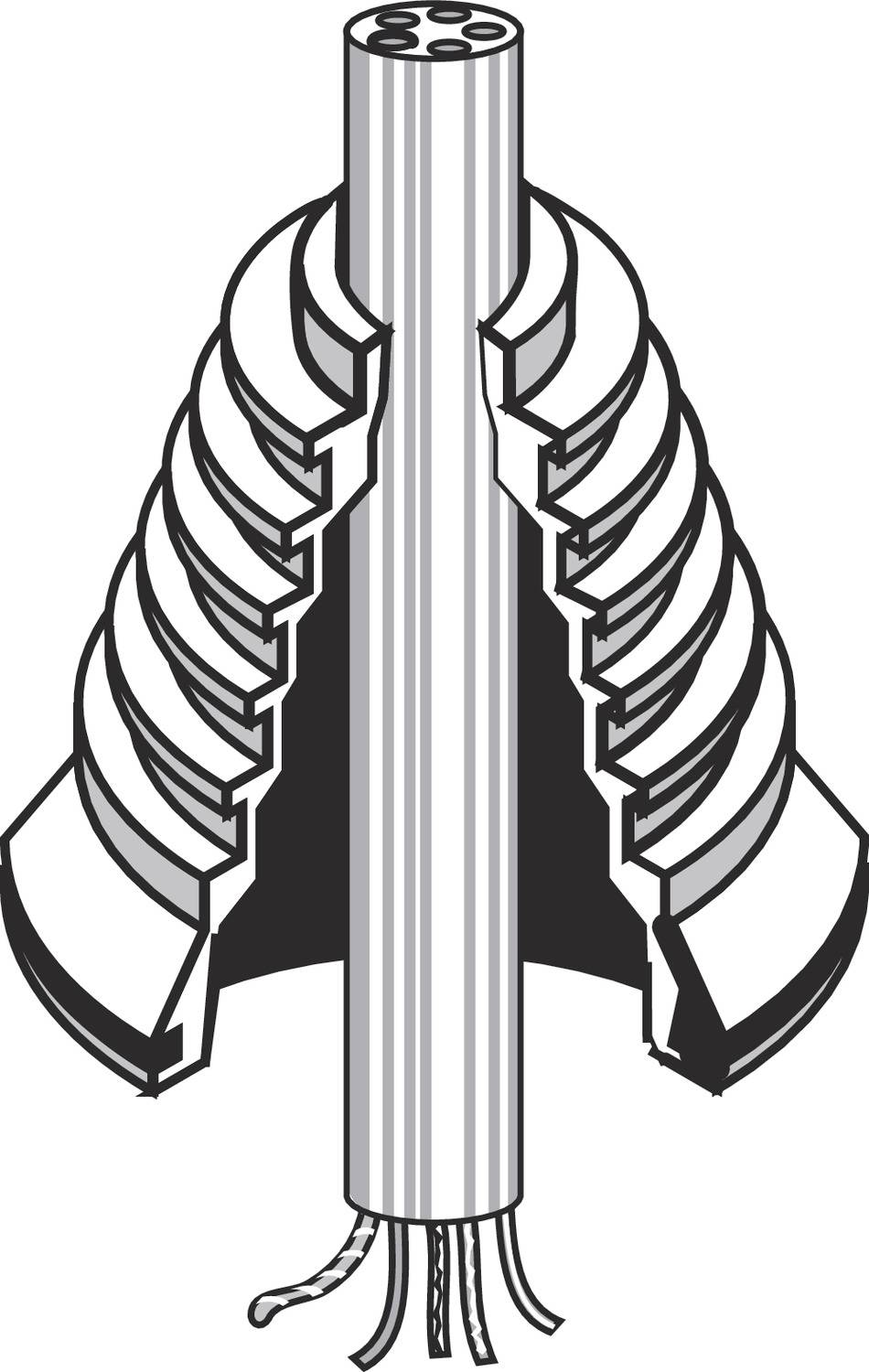 Querschnitt eines Kabels mit offenem Schutzmantel, der die inneren Drähte und die Schichten der Isolierung zeigt.