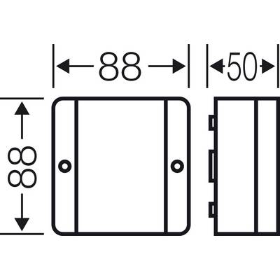 Technische Zeichnung eines rechteckigen Objekts mit den Maßen 88x88x50 mm. Sichtbar von oben und von der Seite.
