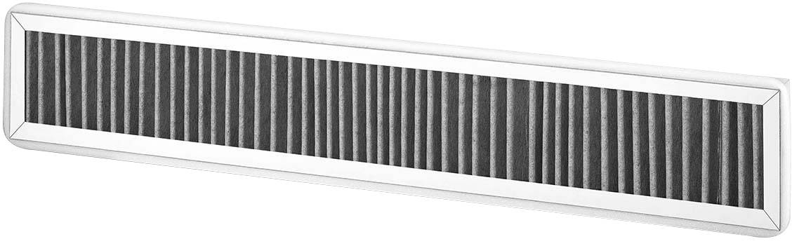 Länglicher Luftfilter mit schwarzen Vertikallamellen und einem silbernen Rahmen, möglicherweise für die Luftreinigung in Geräten.