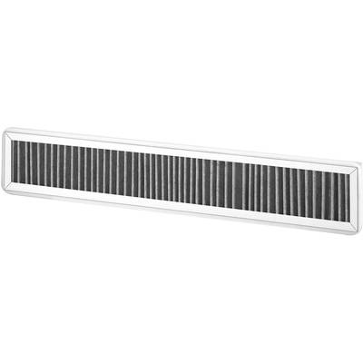 Länglicher Luftfilter mit schwarzen Vertikallamellen und einem silbernen Rahmen, möglicherweise für die Luftreinigung in Geräten.