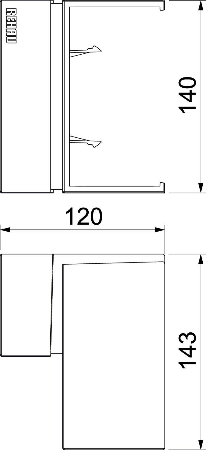 Technische Zeichnung eines Querschnitts eines Möbelstücks. Maße: Breite 120 cm, Höhe 140 cm, Tiefe 143 cm.