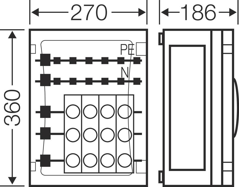 Technische Zeichnung eines elektrischen Verteilers. Maße: 270 x 360 x 186 mm. Zeigt Anschlüsse für Phasen und Erdung.