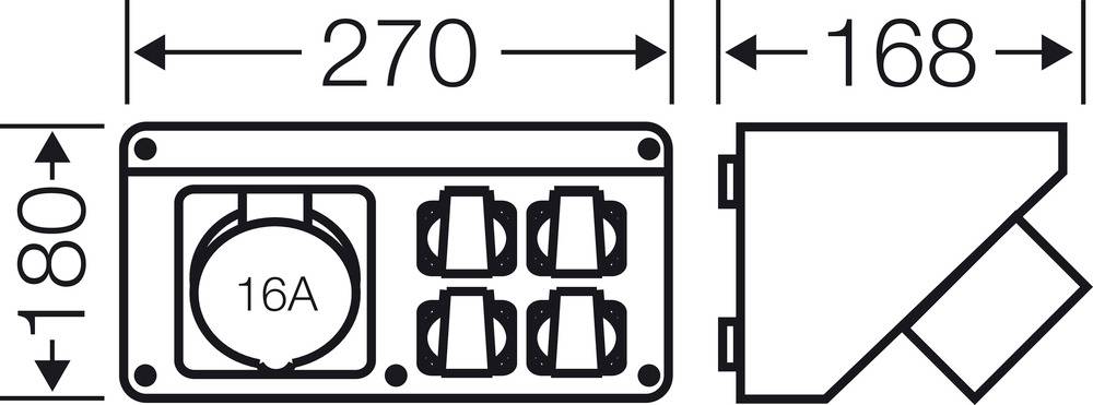 Elektrisches Diagramm: zeigt eine Anschlusseinheit mit vier Steckplätzen und einem 16A-Anschluss. Maße: 270x180x168 mm.