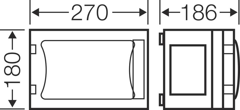 Technische Zeichnung eines rechteckigen Skizzenspeichers mit Abmessungen: 270 mm Breite, 186 mm Tiefe und 180 mm Höhe.