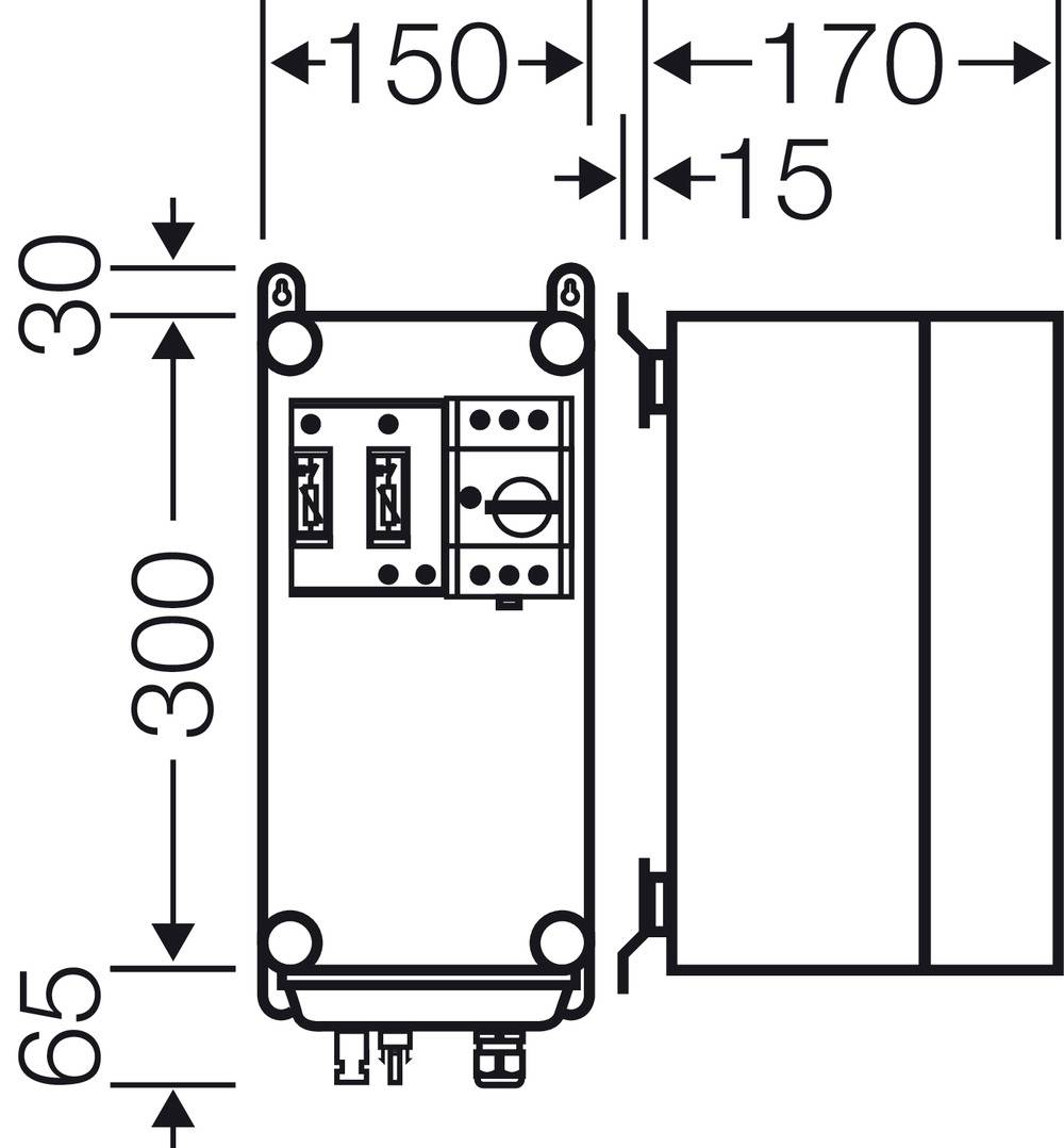 'Diagramm eines elektrischen Geräts mit Anschlussmaßen: Höhe 300, Breite 170, Tiefe 65. Maßangaben: 150, 170, 15, 30.'