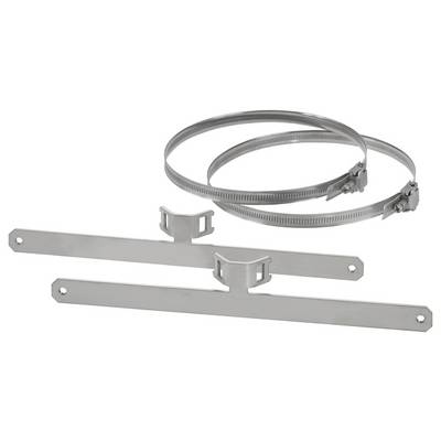 Zwei silberne Metallbänder mit verstellbaren Klemmen liegen neben zwei langen, flachen Halterungen.