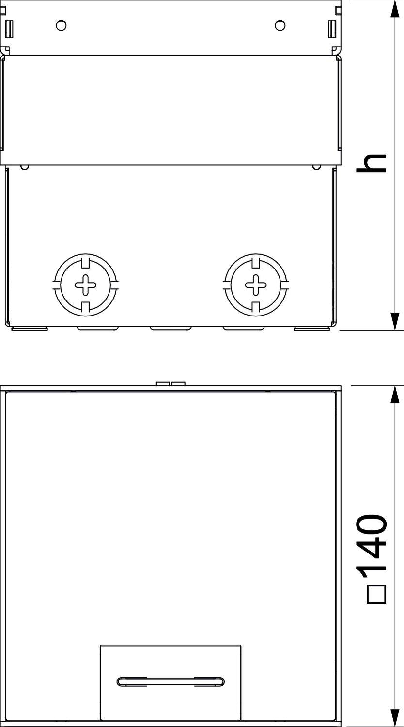 Diagramm eines rechteckigen elektrischen Anschlussgehäuses mit zwei runden Kabeldurchführungen unten; Höhe (h) unbestimmt.