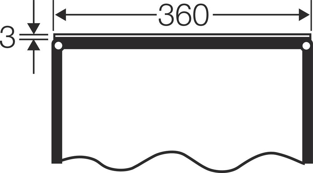 'Maßzeichnung einer rechteckigen Platte mit den angegebenen Maßen 360 in der Breite und 3 in der Dicke. Wellenform an der Unterkante.'