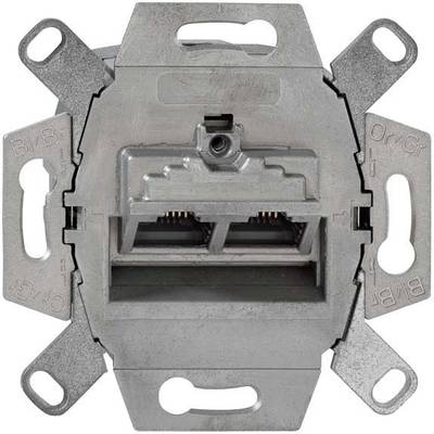 Metallene Netzwerk-Steckdose mit zwei Ethernet-Ports zur Wandmontage. Links und rechts sind Anschlussbezeichnungen sichtbar.