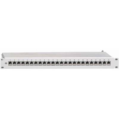 Ein Netzwerk-Patchpanel mit 24 nummerierten RJ45-Anschlüssen zur Verbindung von Ethernet-Kabeln in einem Server-Rack.