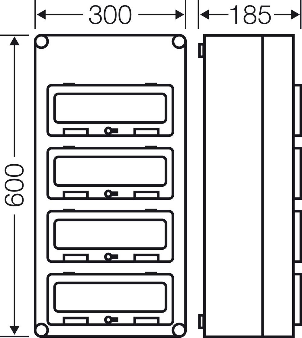 Technische Zeichnung eines rechteckigen Gehäuses mit Abmessungen: 600 mm Höhe, 300 mm Breite, 185 mm Tiefe.