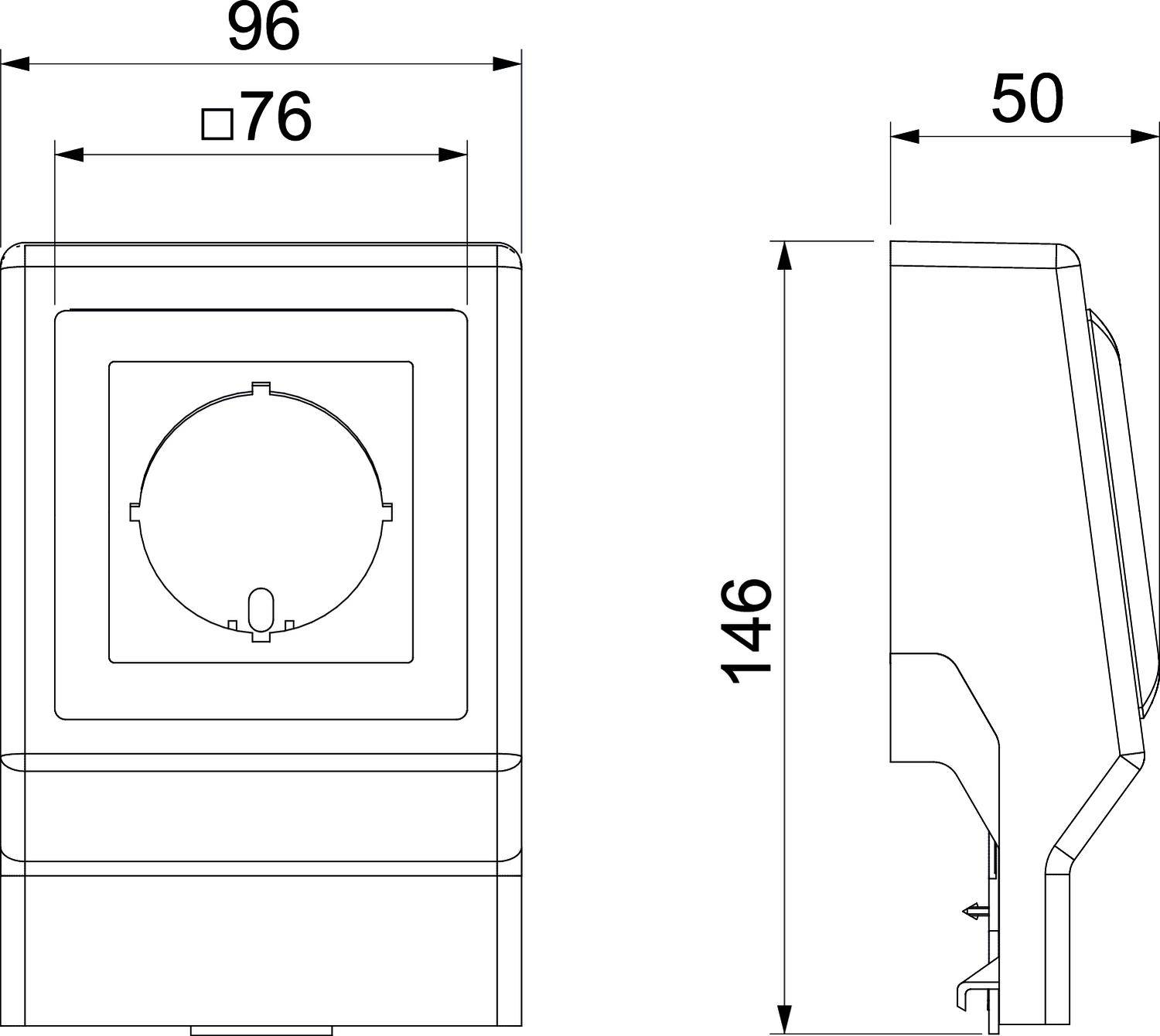 Technische Zeichnung: Darstellung einer Steckdose mit den Maßen 96x50x146 mm, Vorder- und Seitenansicht.