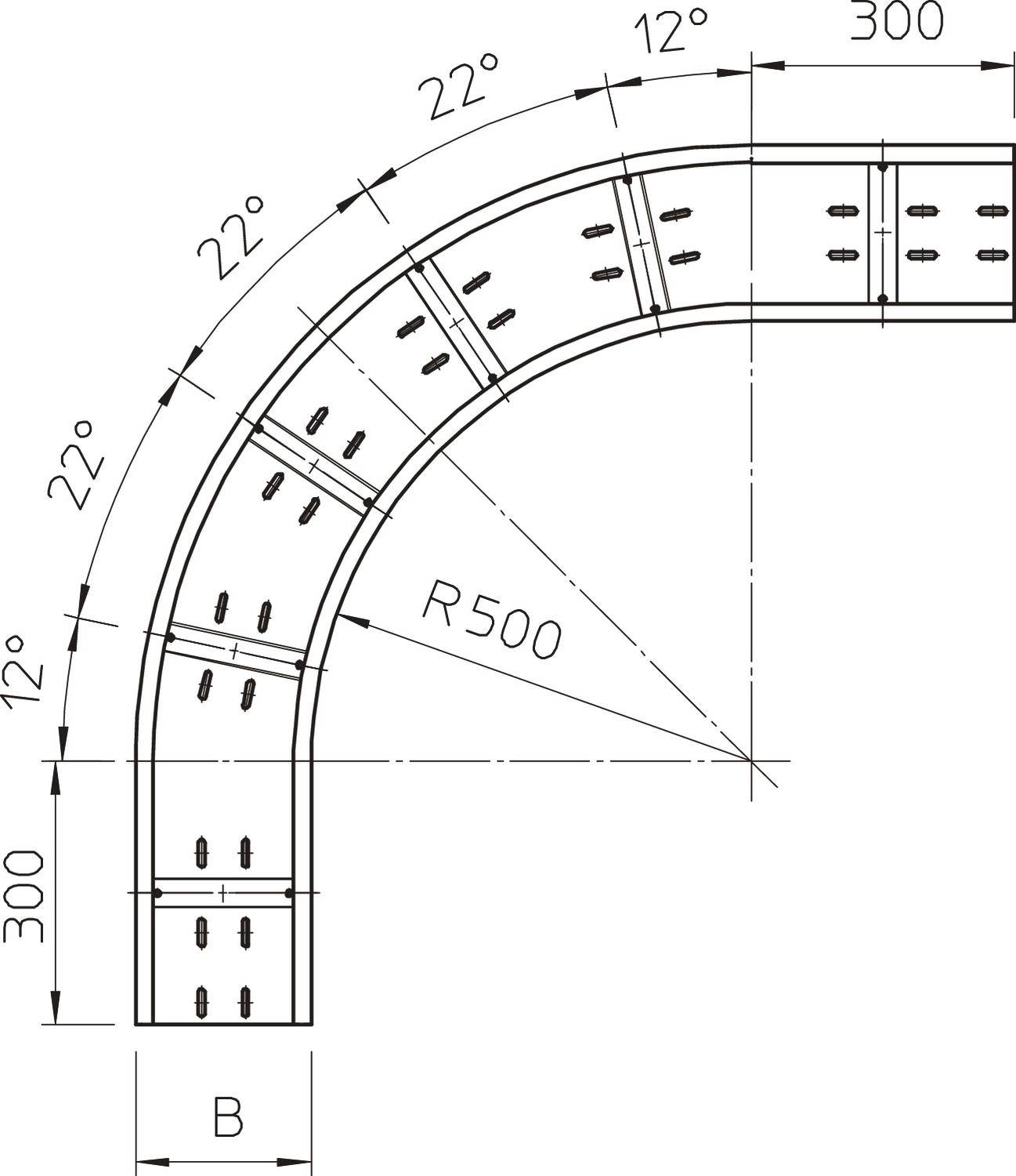 Technische Zeichnung einer gebogenen Struktur mit Radius R500, bestehend aus mehreren Segmenten mit Winkeln 12° und 22°, Breite B 300.