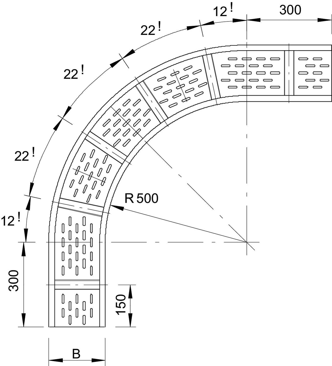 Bauzeichnung eines gekrümmten Abschnitts mit Bemaßungen. Der Radius beträgt 500. Maße: 300 x 150, mit gleichmäßigen Abständen markiert.