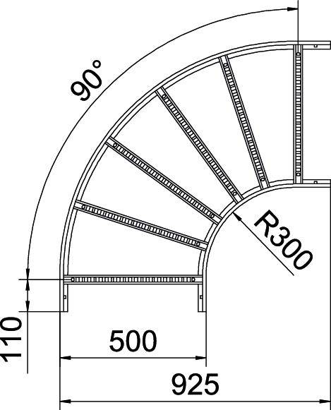 Technische Zeichnung eines 90-Grad-Kurventreppenlaufs mit Radius R300 mm. Höhe 110 mm, Breite 925 mm und Tiefe 500 mm.