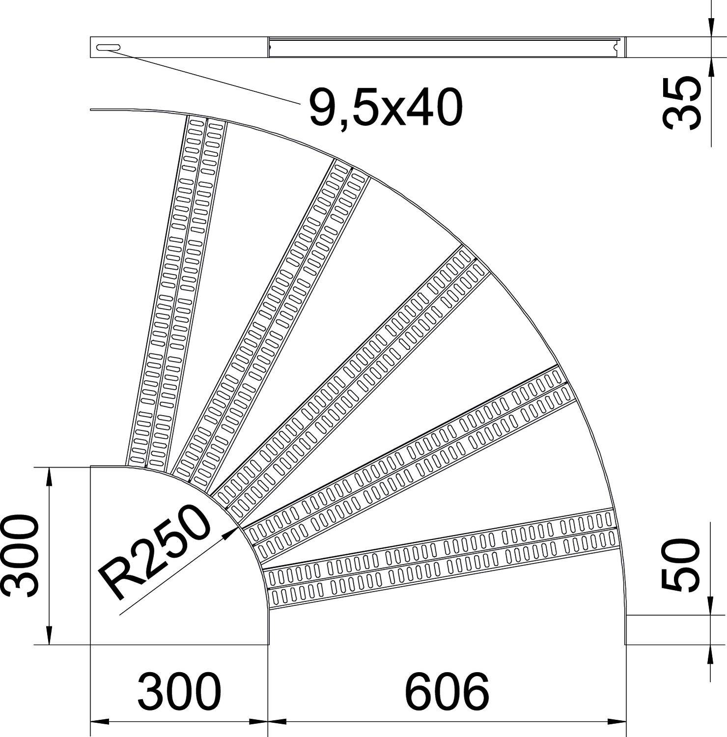Technische Zeichnung einer Treppe mit sechs Stufen in einem Viertelkreis. Die Maße: 300 mm Stufenhöhe, Stufenbreite 300 mm, Radius R250.
