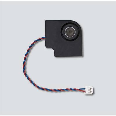 Ein Lautsprecher mit angeschlossenem rot-blauem Kabel, geeignet für elektronische Geräte, vor einem hellblauen Hintergrund.