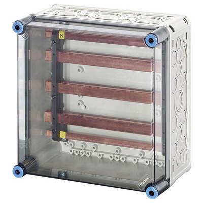 Ein transparenter elektrischer Verteilerkasten mit mehreren Kupferleitern und blauen Ecken für Kabelmanagement in einer Industrieumgebung.
